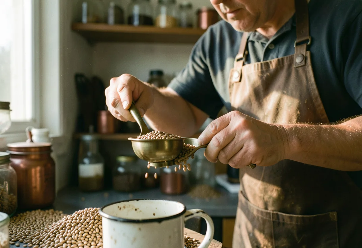 Hand in leather apron measuring beer with hydrometer, home brewing essentials, 3-30-300 rule.