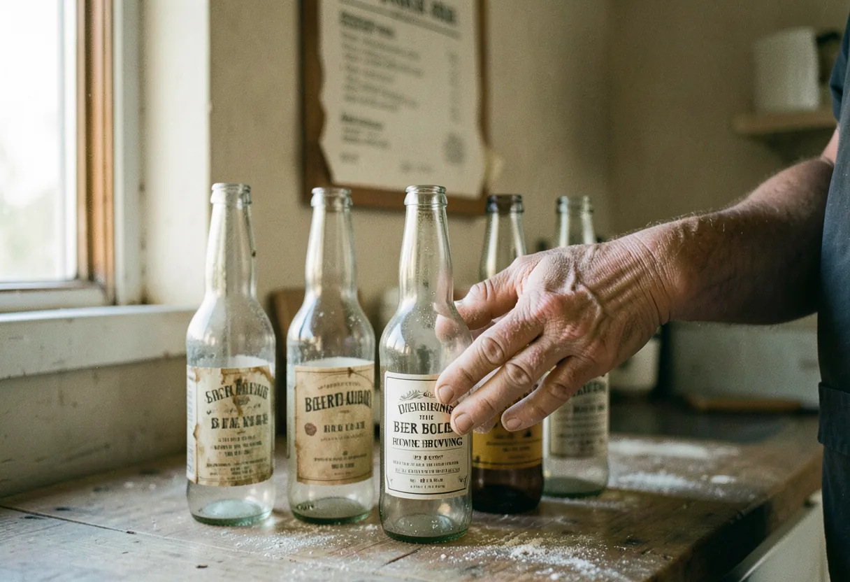 Hands dusted with flour selecting beer bottles for home brewing.