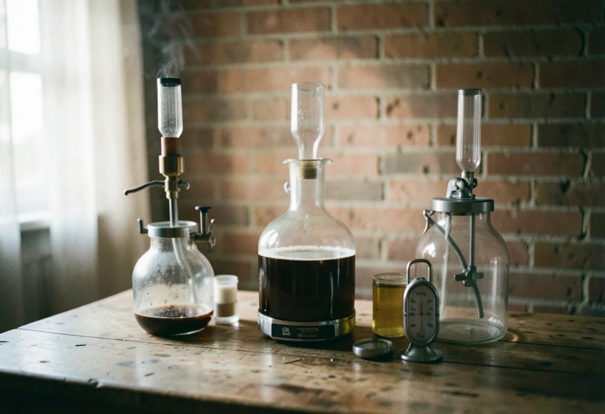 Brewing kit on wooden table, mid-process, warm lighting, home brewing setup.