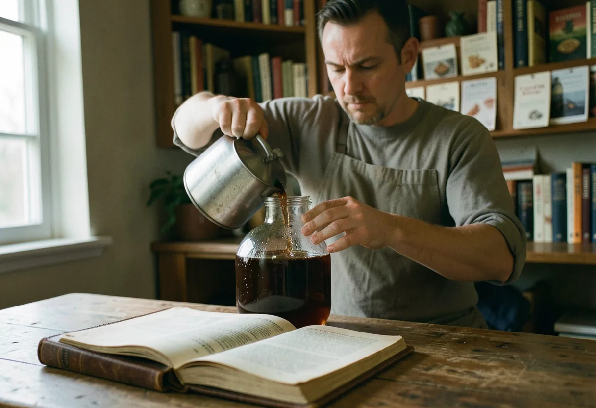 Worn leather brewing journal open on oak kitchen island, best home beer brewing books.