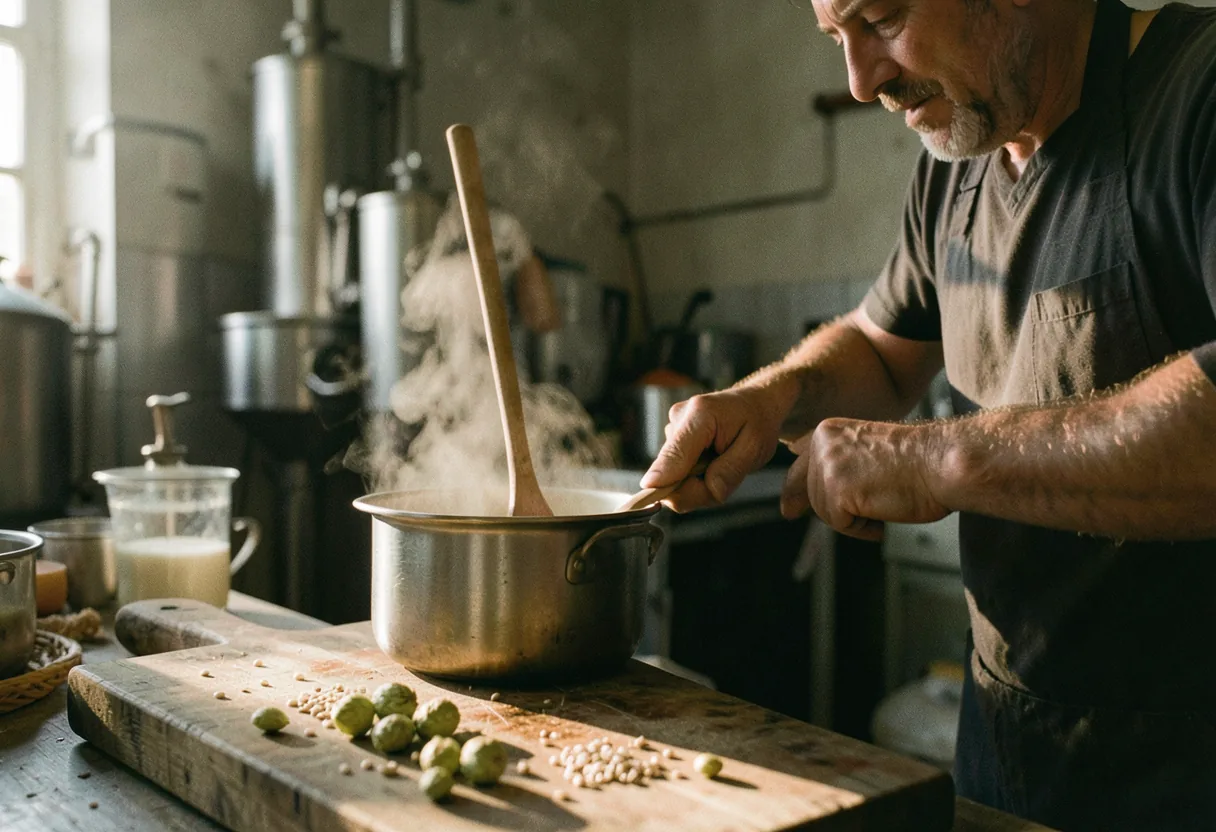 Hands stir wort in a pot for home brewing beer without a kit.