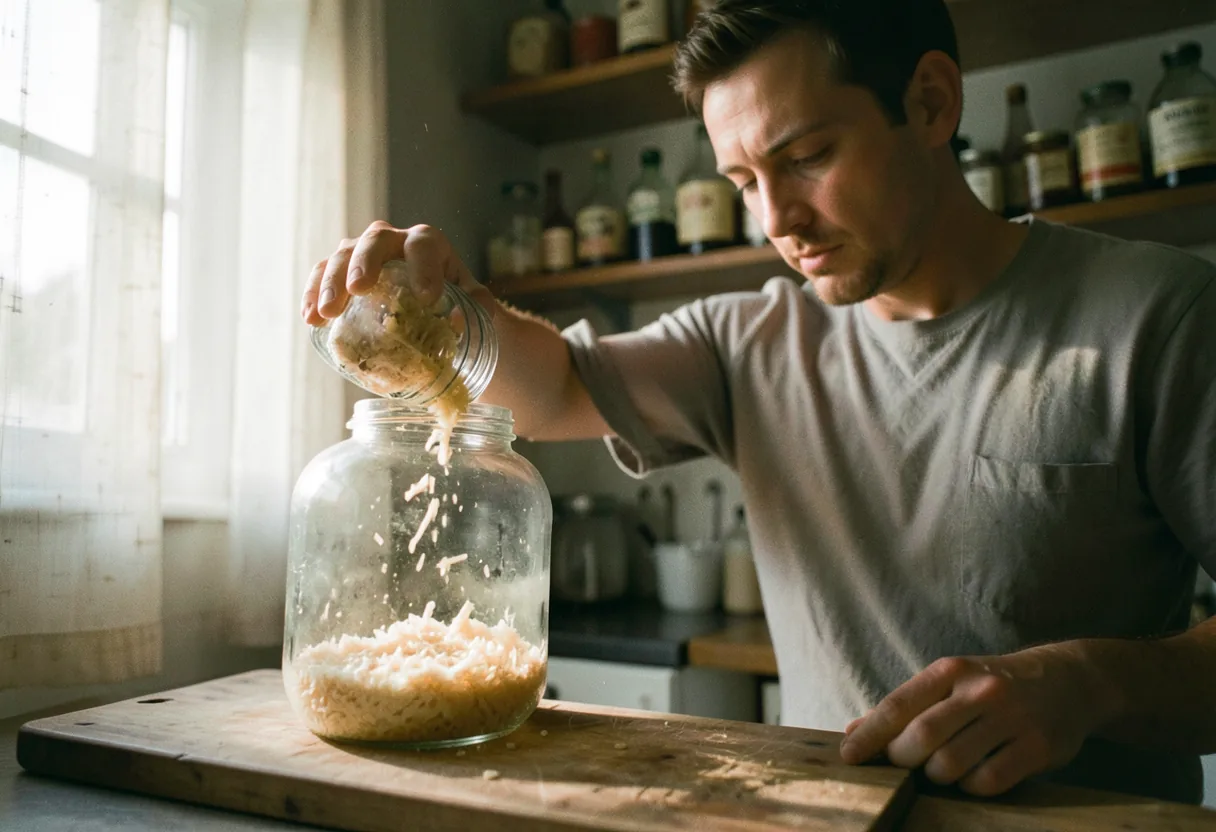 A person adding grated ginger to a glass fermentation jar for homemade ginger beer.