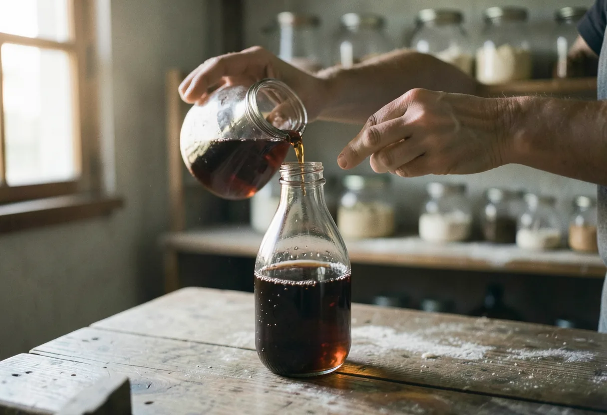 Hands pouring dark amber root beer into a glass, homebrewing.