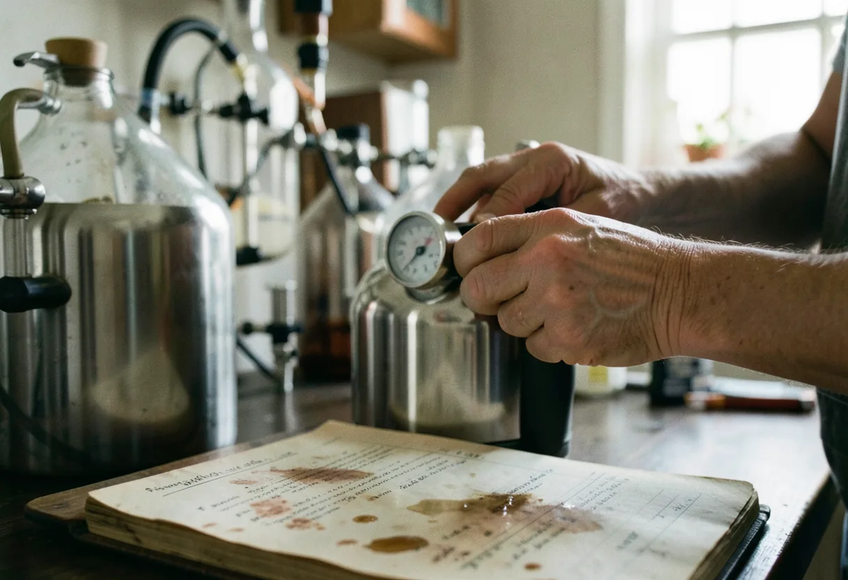 Hands adjusting temperature dial on gleaming stainless steel home beer brewing kit.