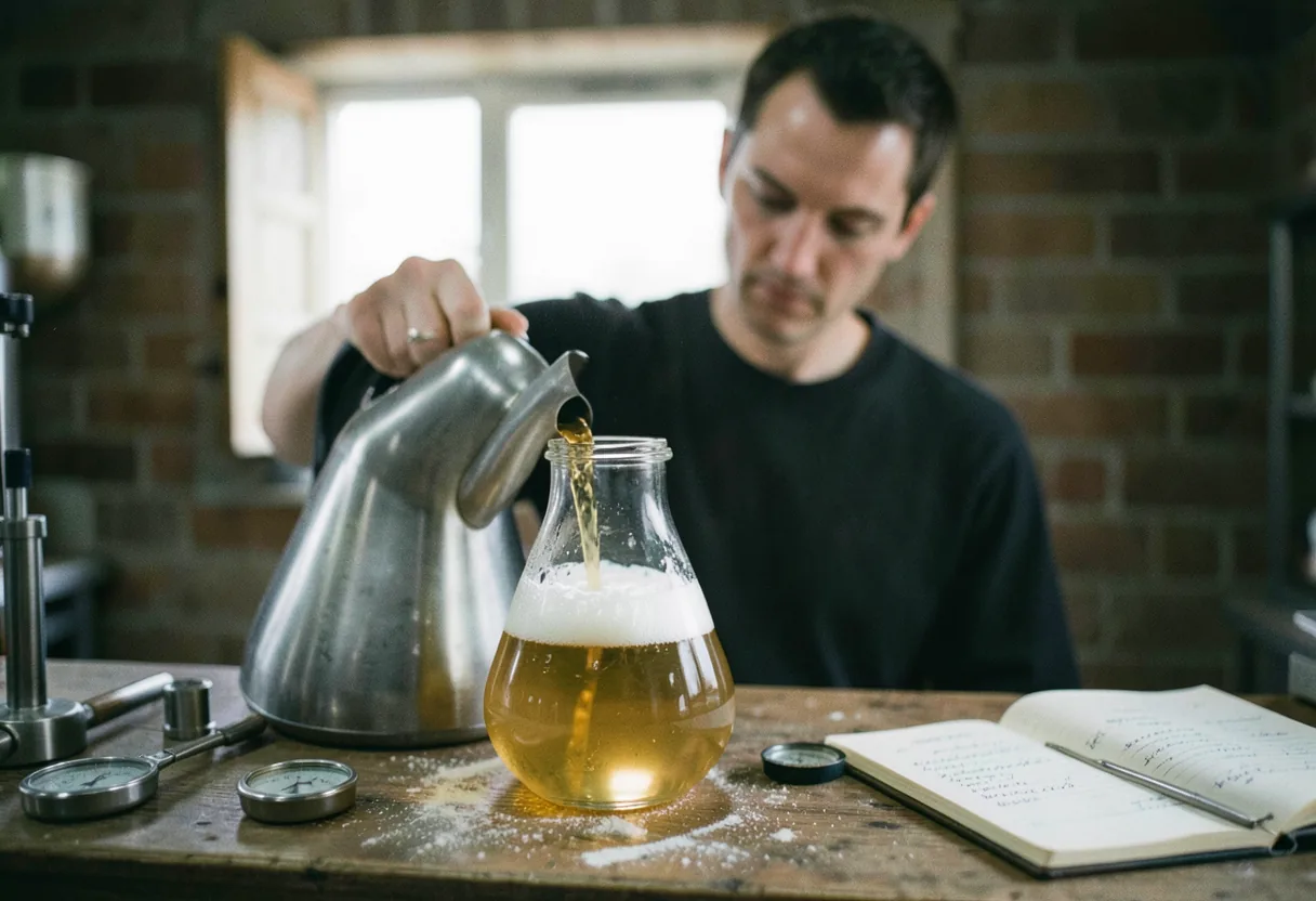 A home brewer pouring amber beer from a stainless steel kettle into a glass car.