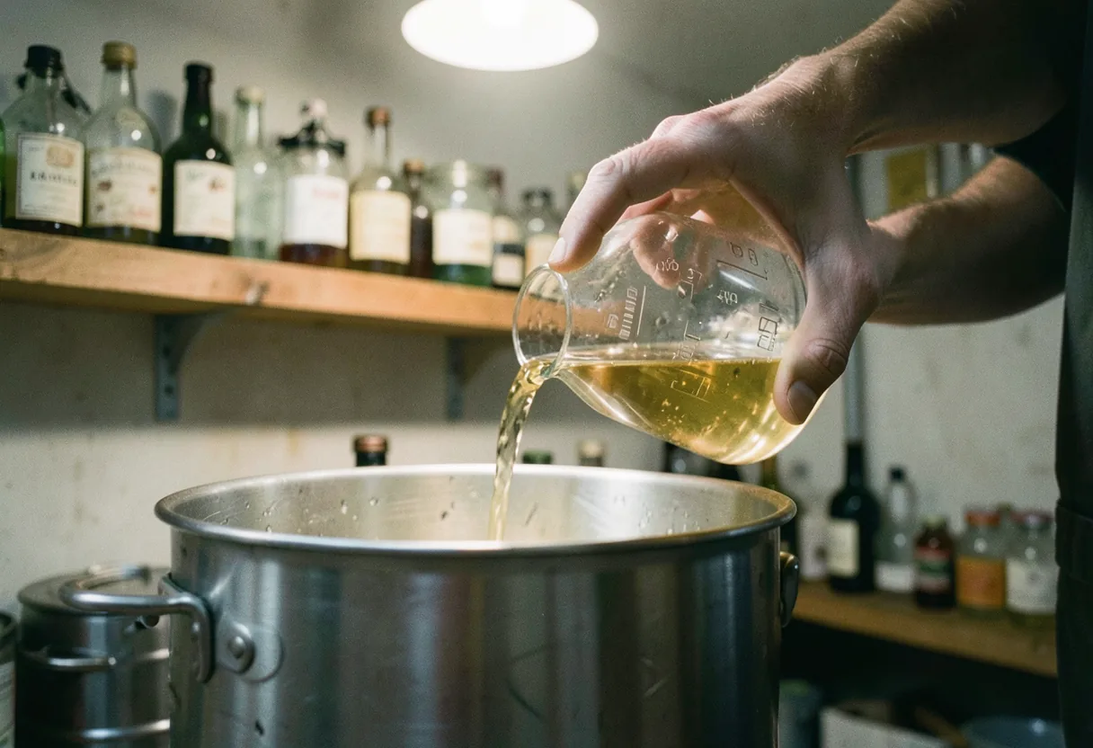 A homebrewer's setup with carboys, bottles, and ingredients, showcasing easy beer brewing.
