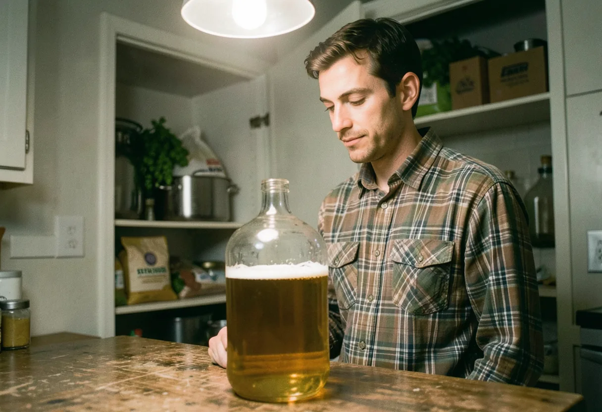 Home brewer in plaid shirt inspecting fermenter, home beer brewing setup, first batch success.