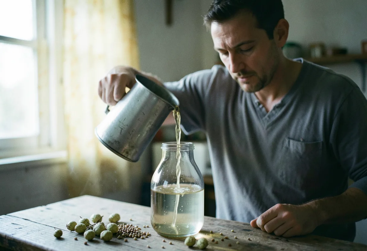 A person pouring wort into a glass carboy for home beer brewing.