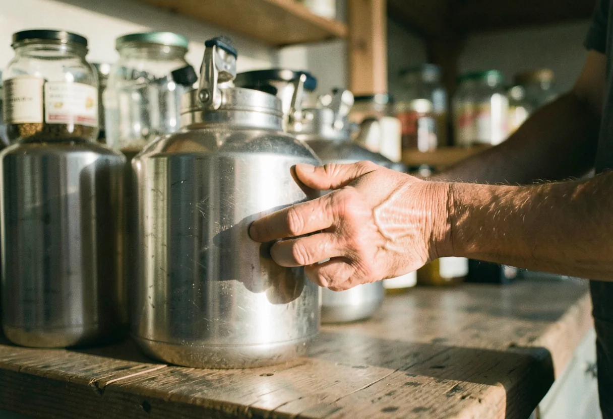 Hands sanitizing stainless steel beer keg, home brewing setup.