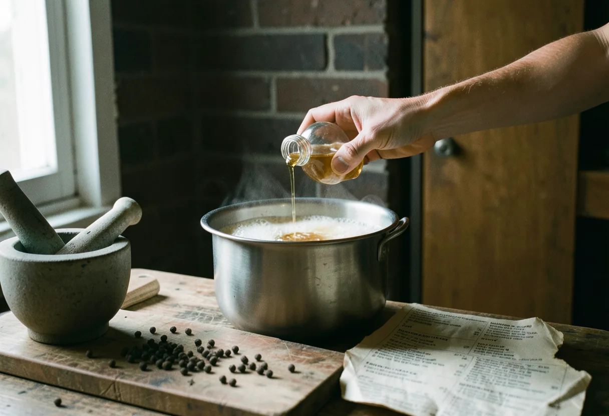 Hands pouring honey into a brewing mix under soft, diffused light. Home brewing beer mixes.