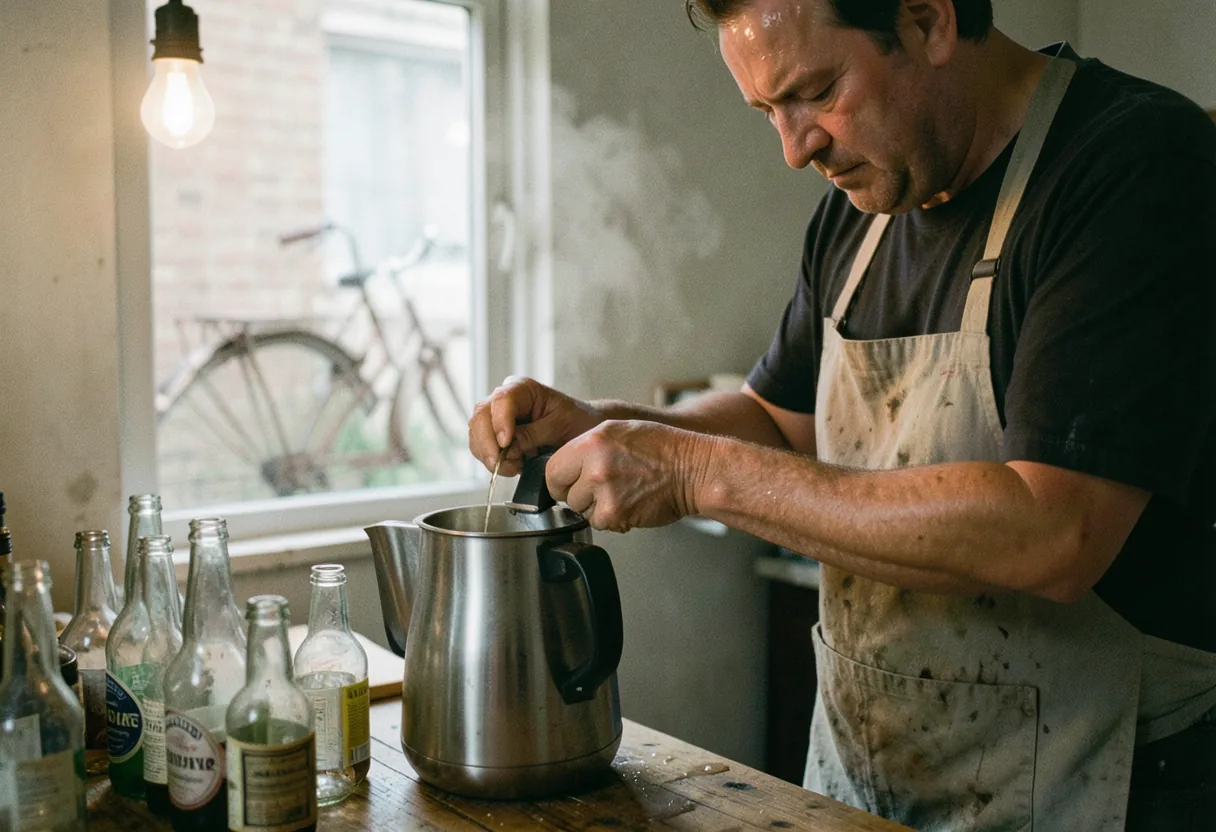 A person pouring beer from a stainless steel kettle, home brewing setup around them.