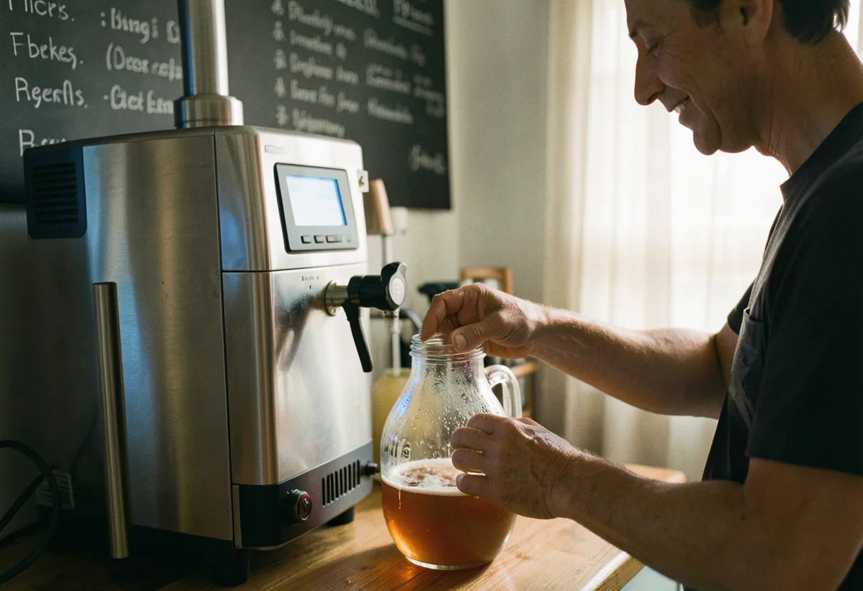 Homebrewer adjusting stainless steel machine with digital display, home brewing automation.