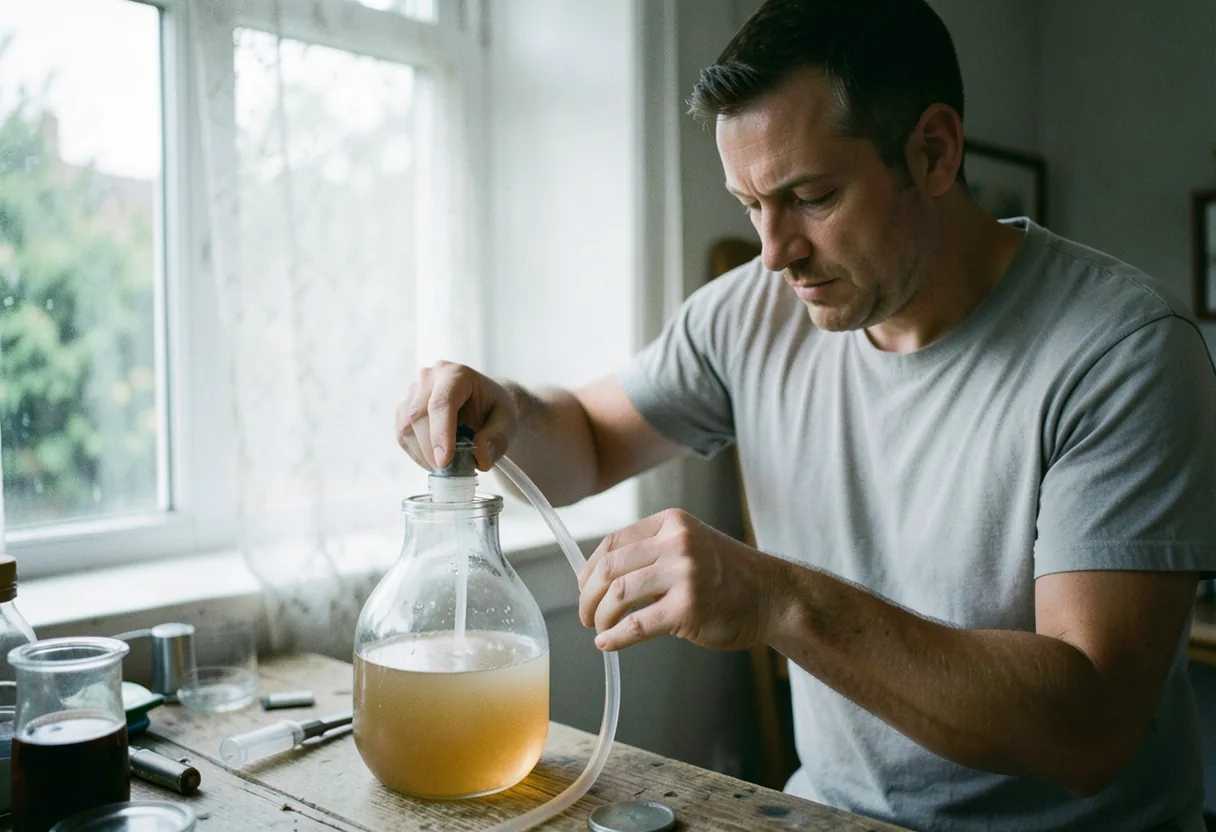 A home brewer pouring beer from a glass carboy into tubing, muted colors, soft light.