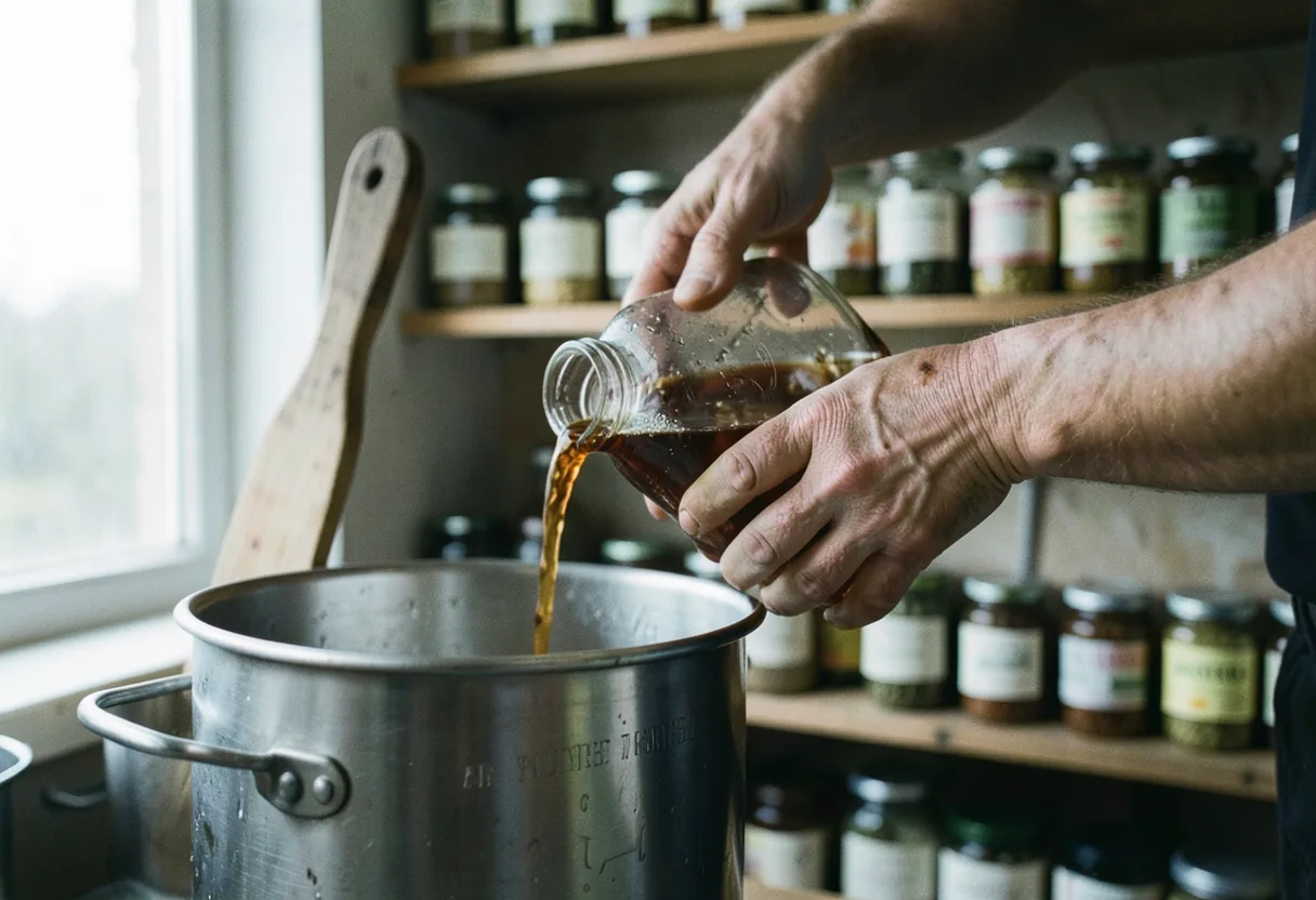 A pair of hands pours amber beer from a glass carboy, home brewing setup visible.