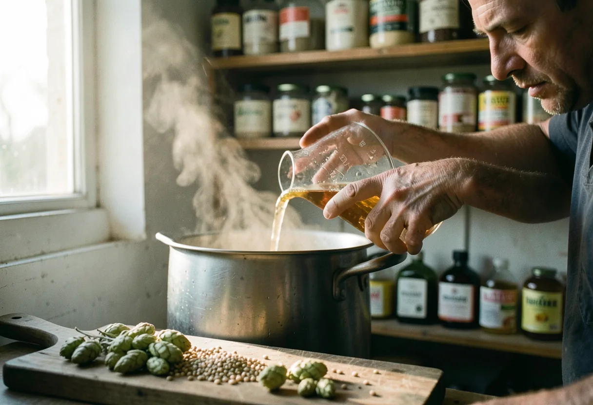 A hand pours homemade beer, comparing costs of homebrewing versus buying beer.
