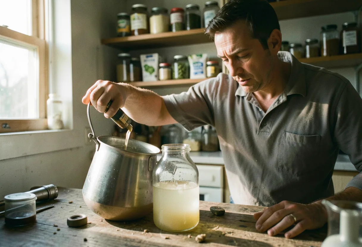 Home brewer pouring cloudy wort from stainless steel kettle, brewing beer.
