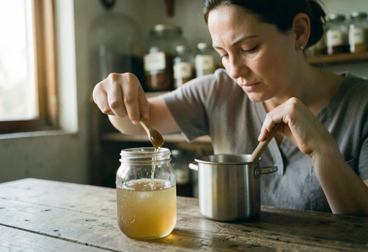Home brewing beer recipes, mason jar on worn wooden table, soft lighting.