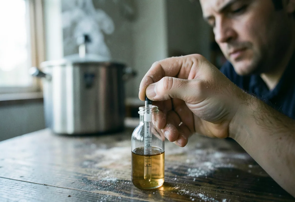 A hand with flour traces inserts a hydrometer into a glass for home beer brewing.