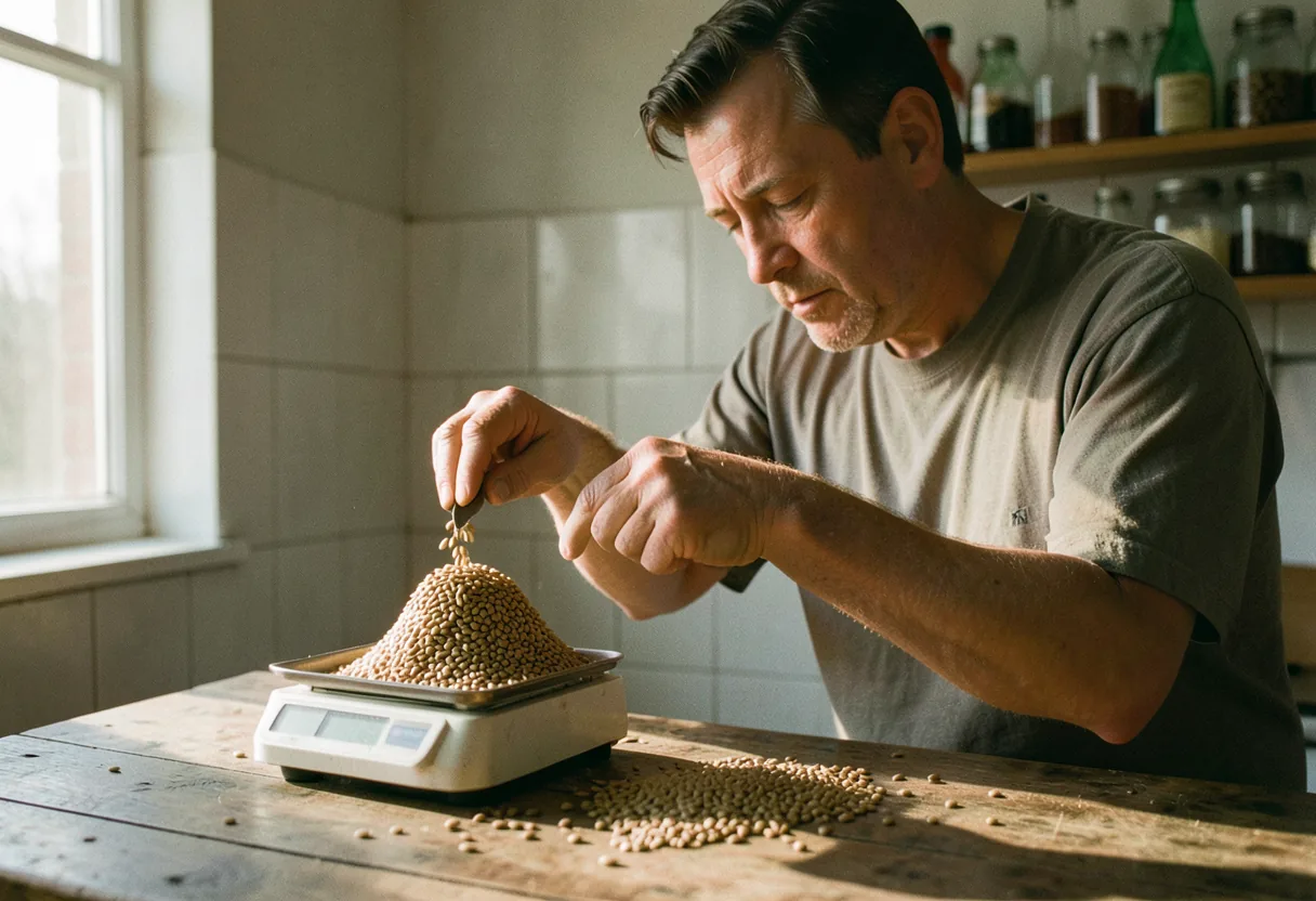 Home brewer measuring malted barley on digital scale, soft lighting, muted colors.